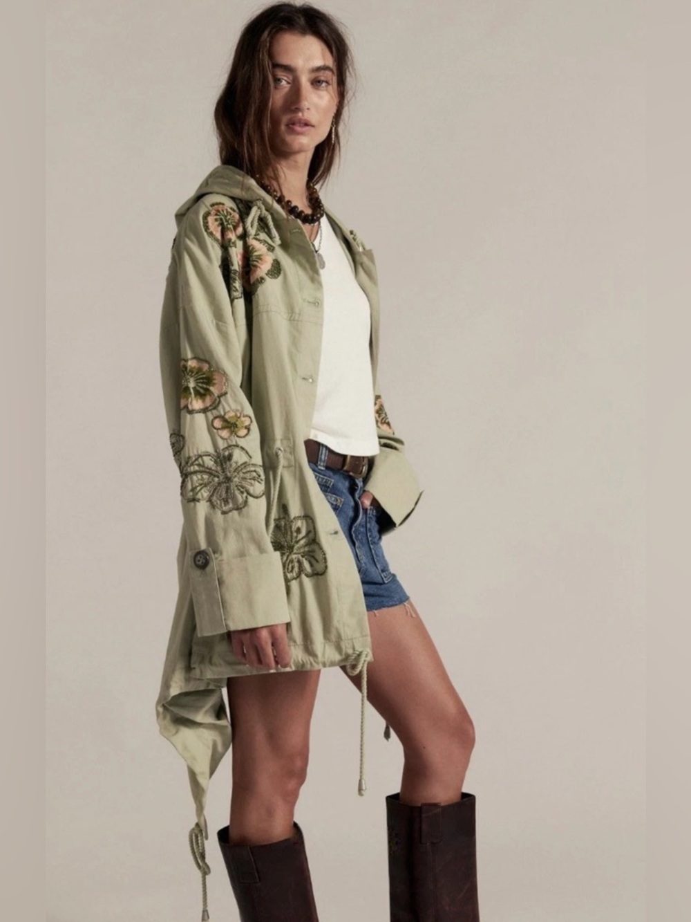 Free People We The Free Davy Jones Parka Hood Embroidery Bead Floral Sage - Picture 1 of 8